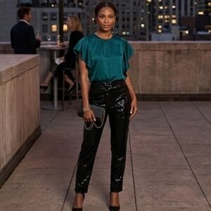 Worthington Teal Blue Ruffle Sleeve Sleeveless Satin Top Blouse Size Medium